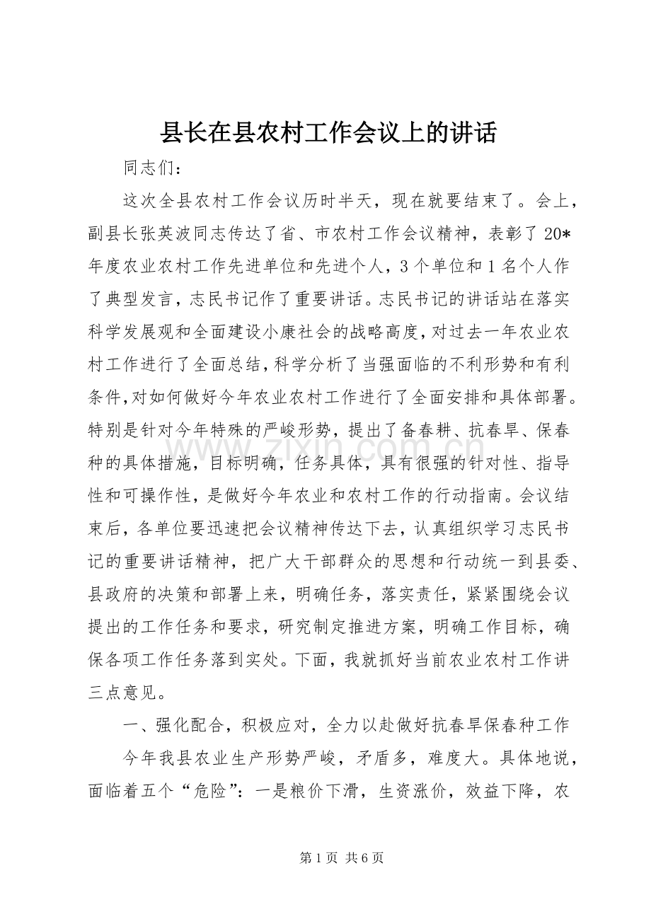 县长在县农村工作会议上的讲话.docx_第1页