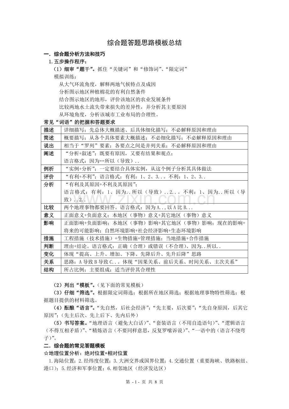 地理综合题答题思路模板总结.doc_第1页