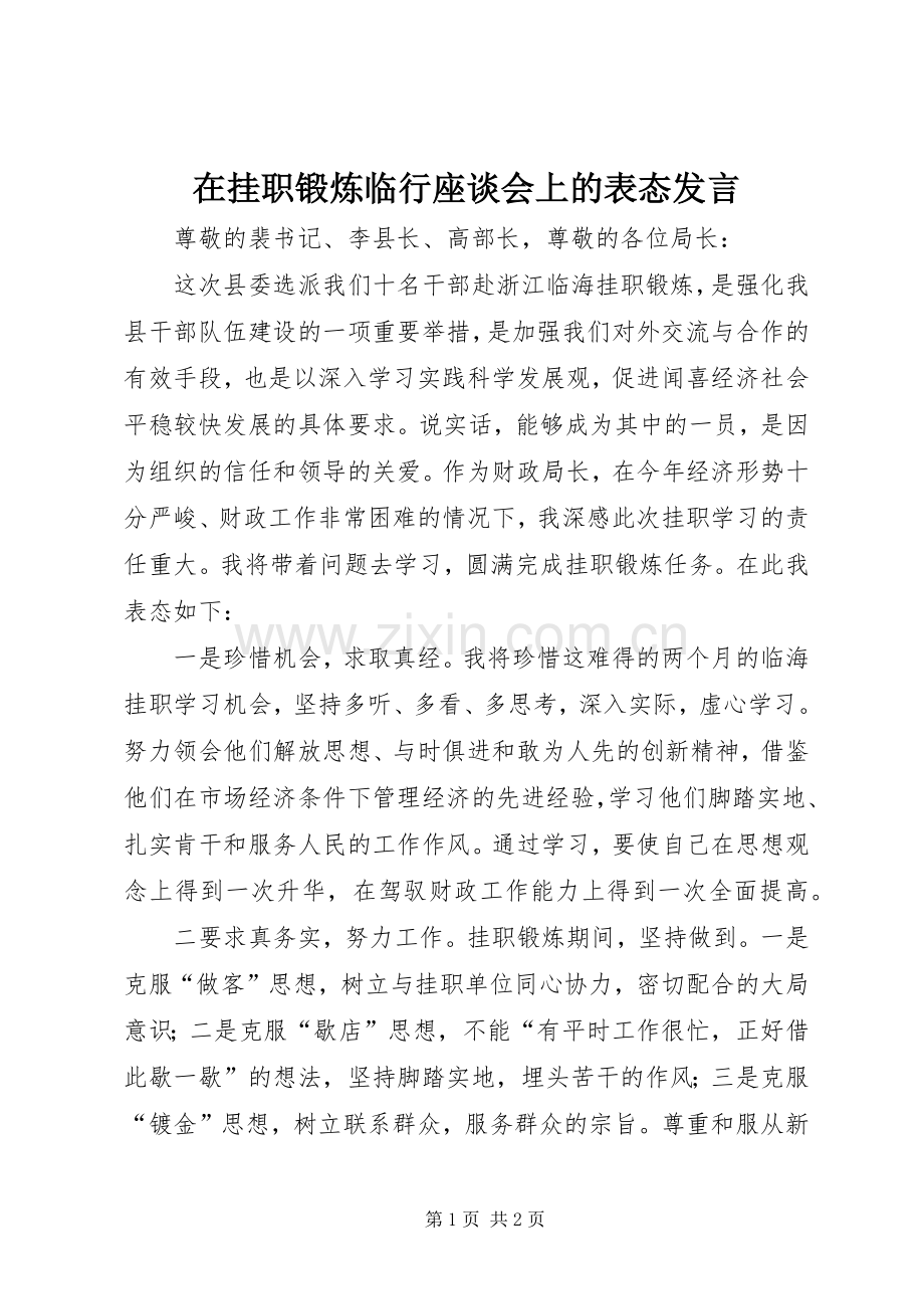 在挂职锻炼临行座谈会上的表态发言.docx_第1页