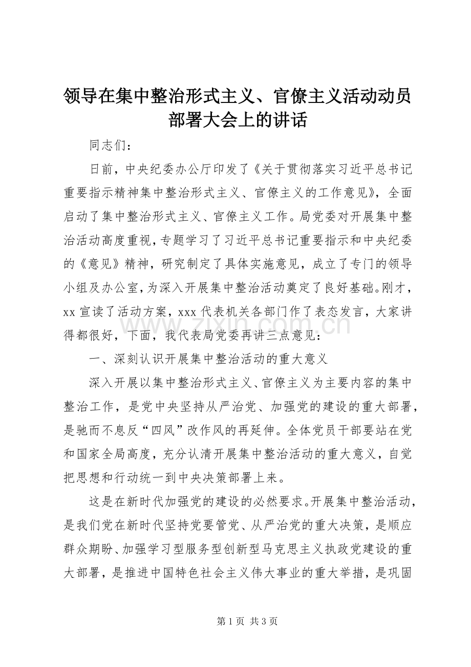 领导在集中整治形式主义、官僚主义活动动员部署大会上的讲话.docx_第1页