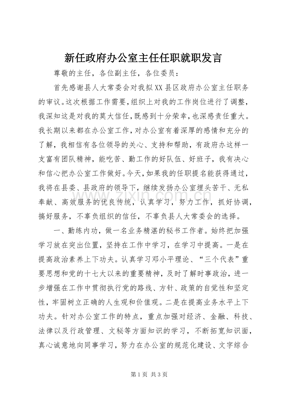 新任政府办公室主任任职就职发言.docx_第1页