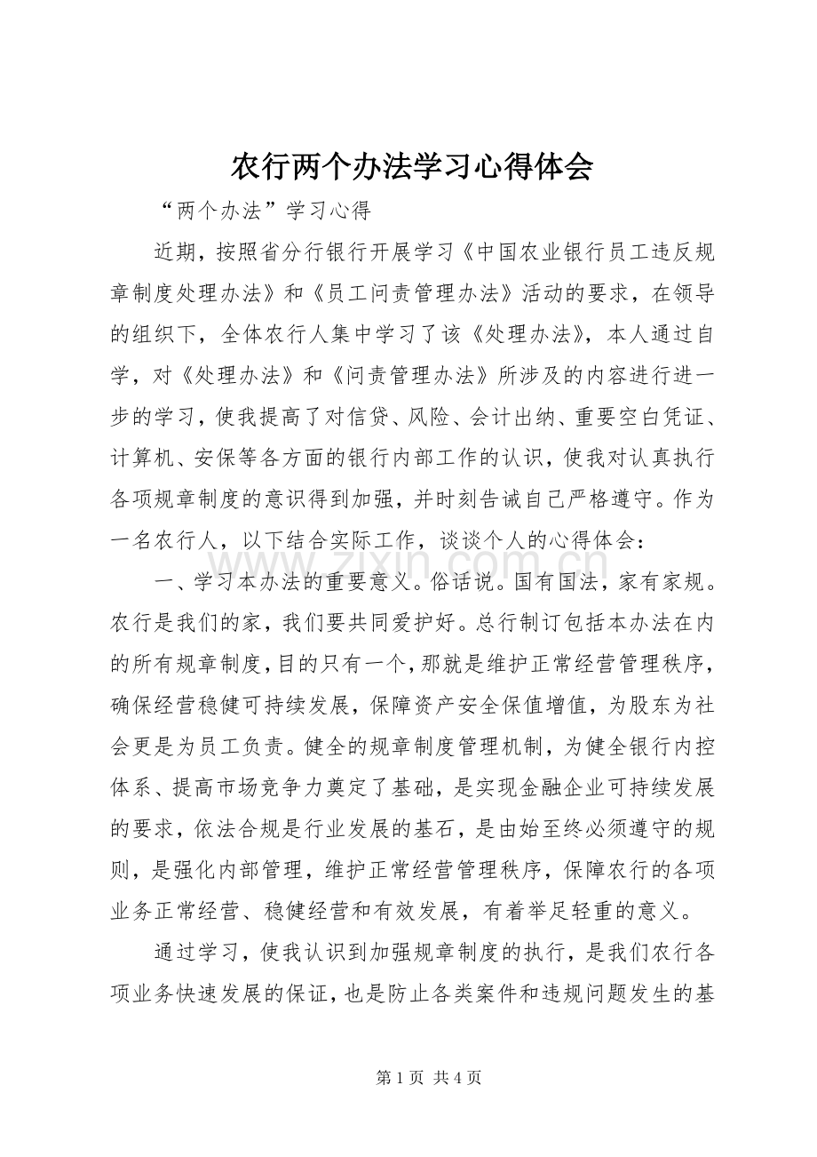 农行两个办法学习心得体会.docx_第1页