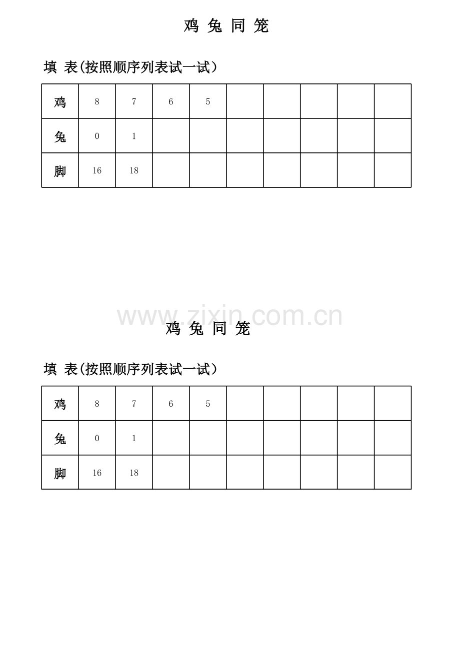 小学数学2011版本小学四年级鸡兔同笼表格.xls_第1页