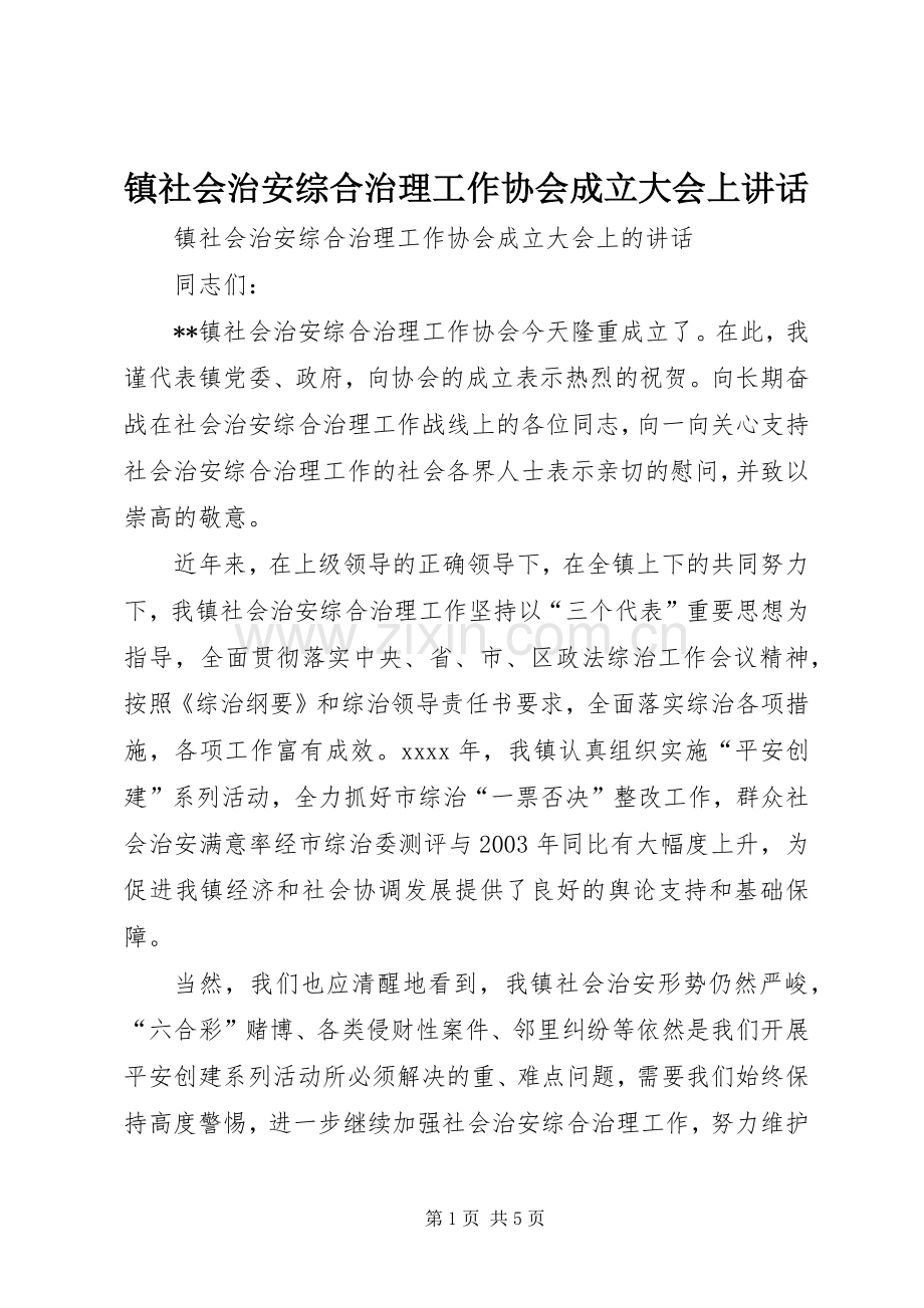 镇社会治安综合治理工作协会成立大会上讲话.docx_第1页