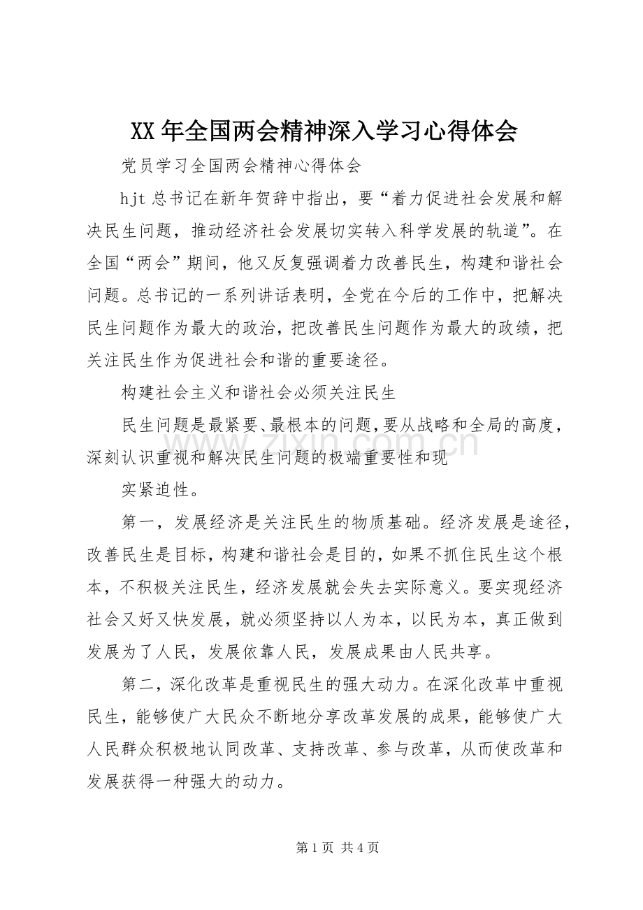 XX年全国两会精神深入学习心得体会.docx_第1页