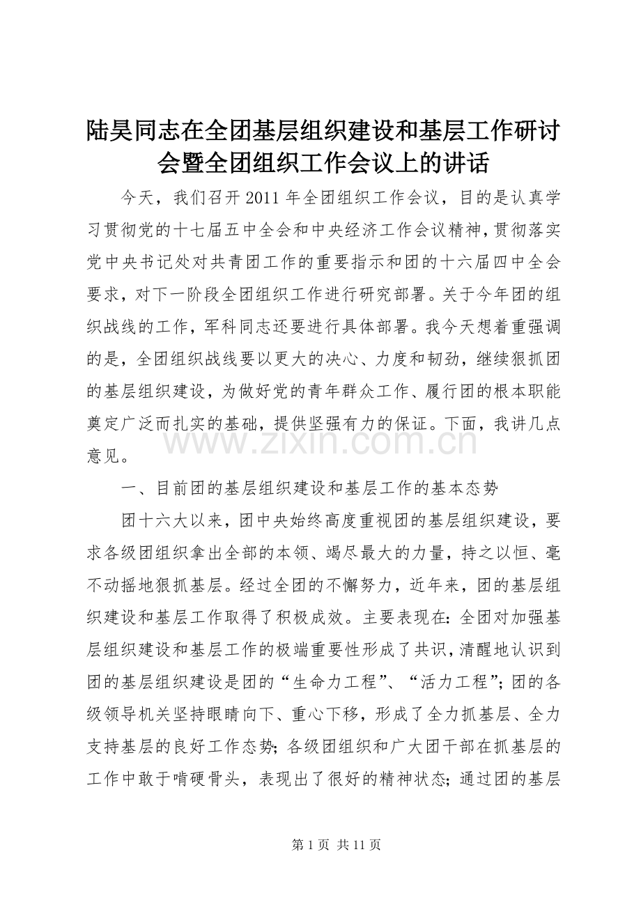 陆昊同志在全团基层组织建设和基层工作研讨会暨全团组织工作会议上的讲话.docx_第1页