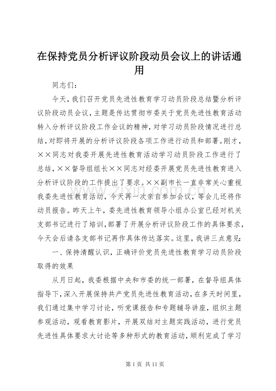 在保持党员分析评议阶段动员会议上的讲话通用.docx_第1页