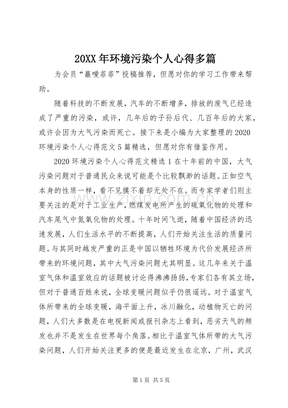 20XX年环境污染个人心得多篇.docx_第1页