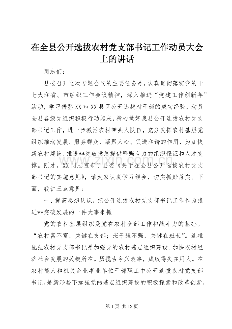 在全县公开选拔农村党支部书记工作动员大会上的讲话.docx_第1页