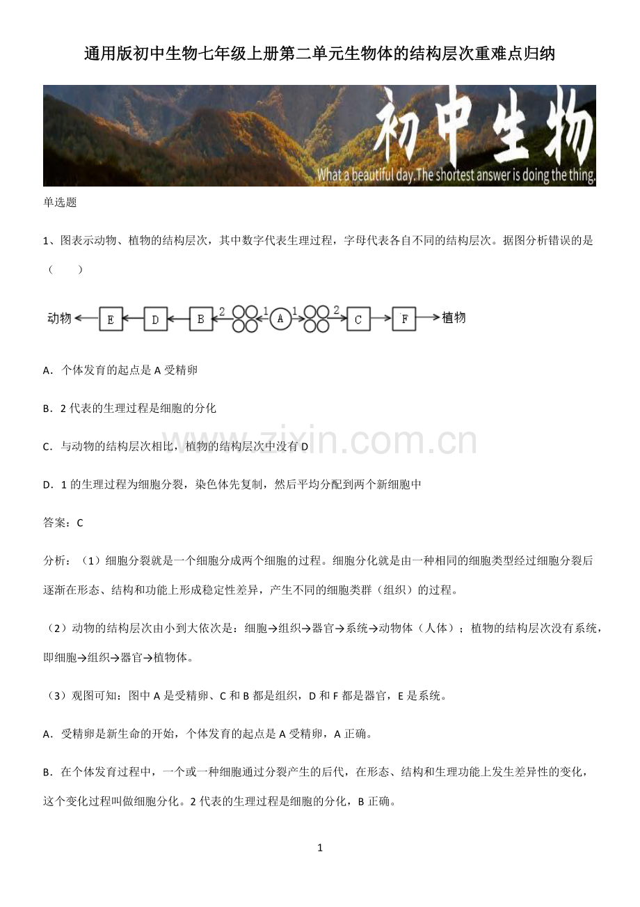 通用版初中生物七年级上册第二单元生物体的结构层次重难点归纳-(2).pdf_第1页