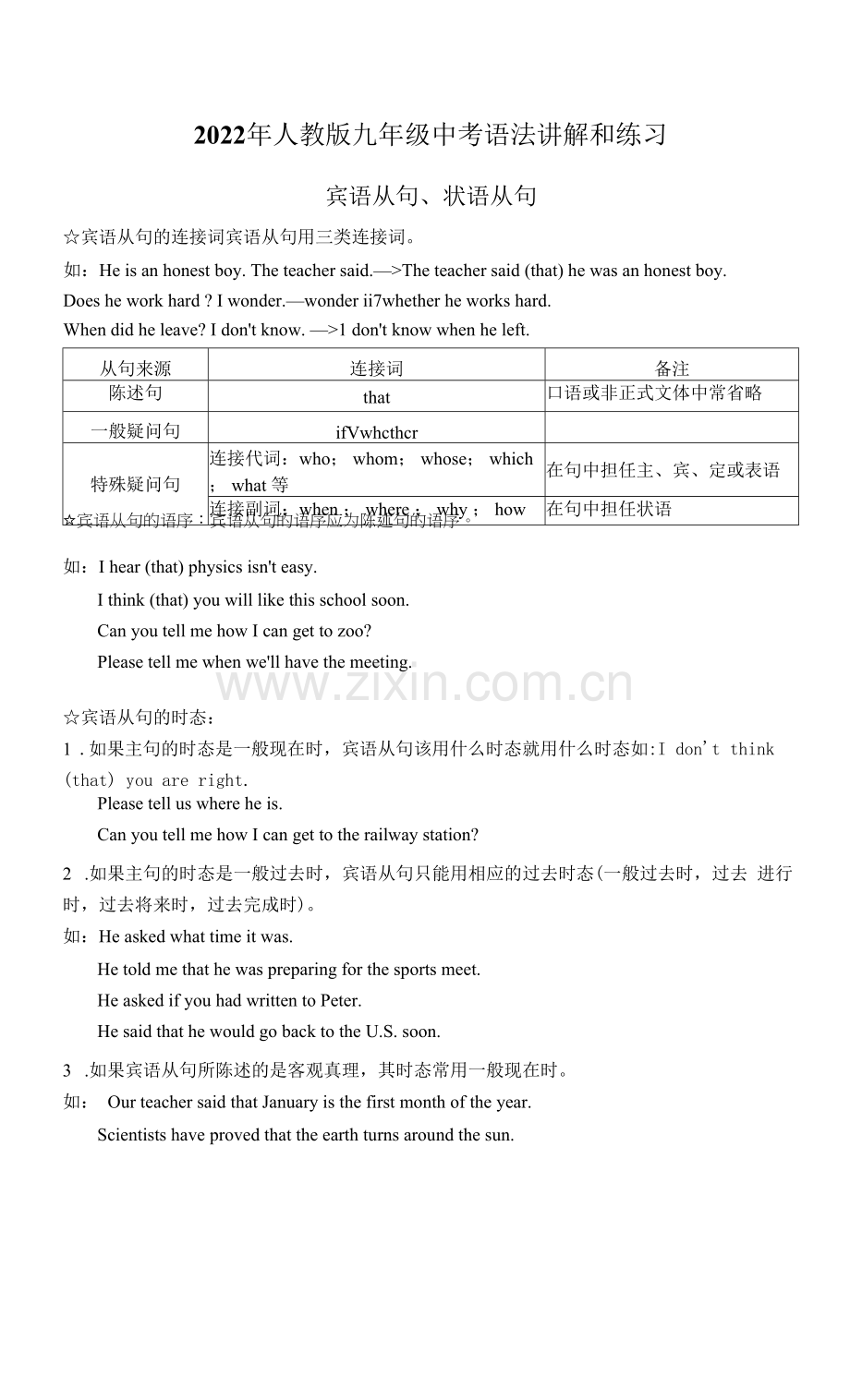 2022年人教版九年级中考语法讲解和练习-宾语从句和状语从句.docx_第1页