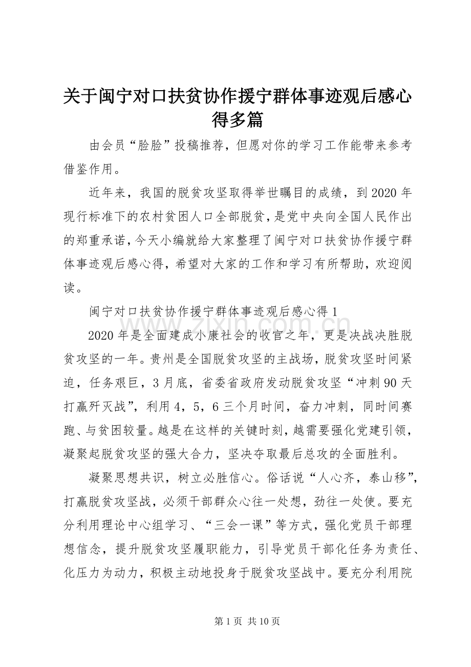 关于闽宁对口扶贫协作援宁群体事迹观后感心得多篇.docx_第1页