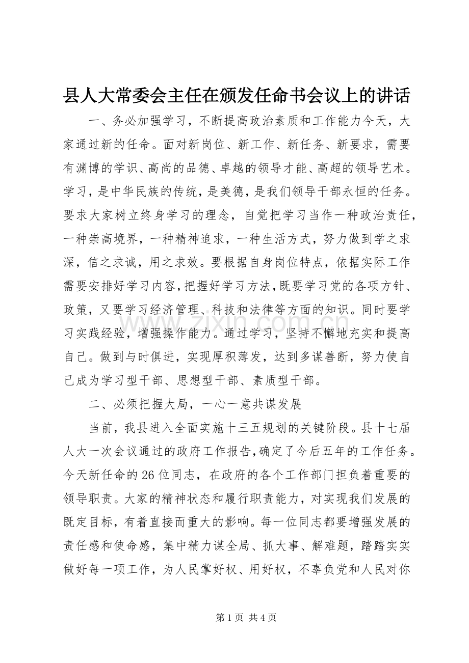 县人大常委会主任在颁发任命书会议上的讲话.docx_第1页