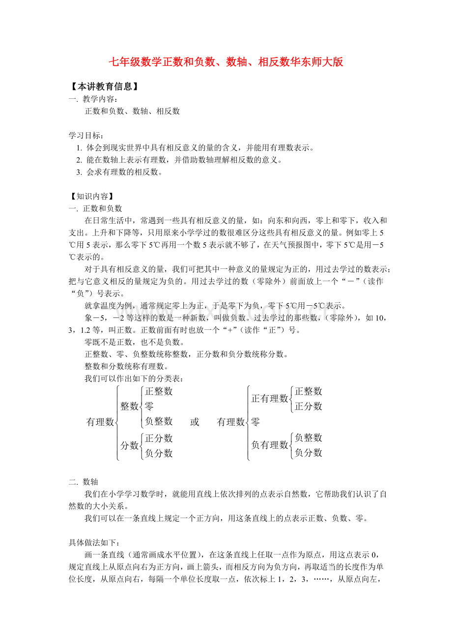 七年级数学正数和负数、数轴、相反数华东师大版知识精讲.doc_第1页