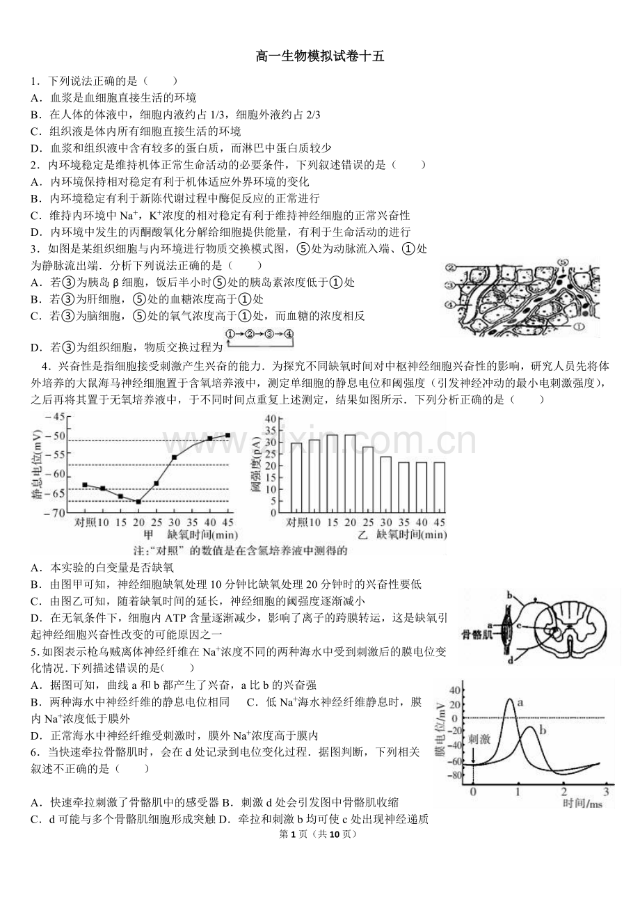 高一生物模拟试卷十五.doc_第1页