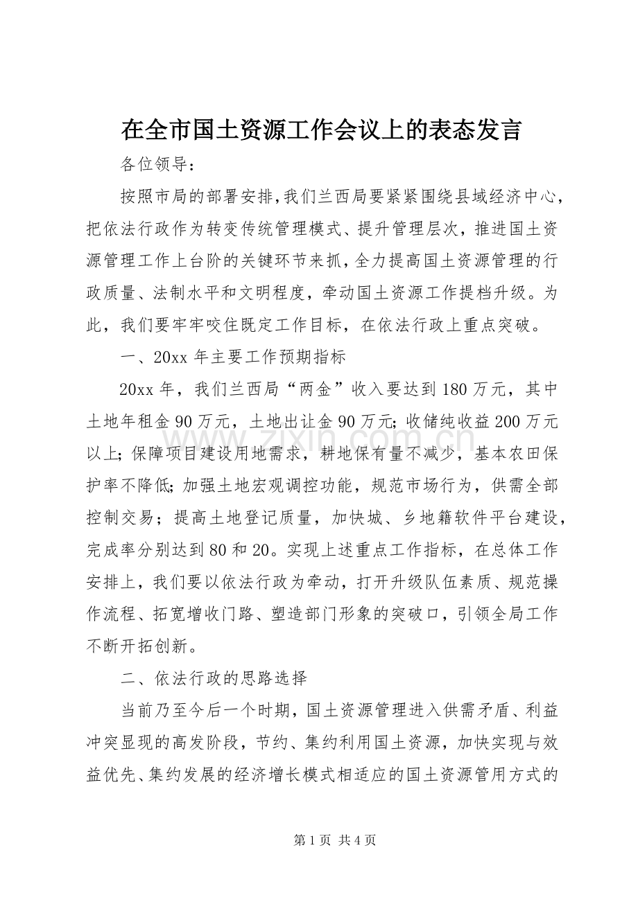 在全市国土资源工作会议上的表态发言.docx_第1页