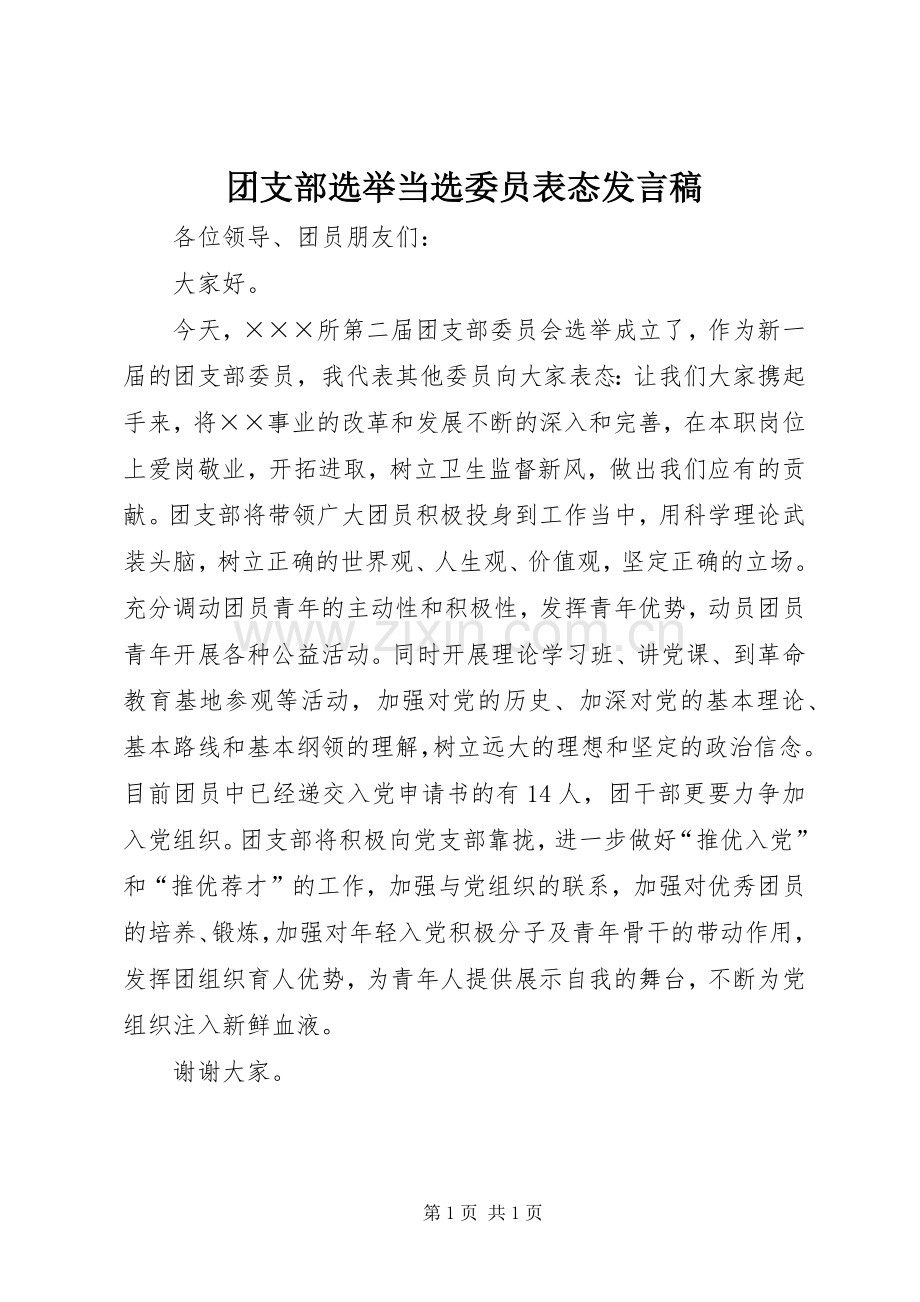 团支部选举当选委员表态发言稿.docx_第1页