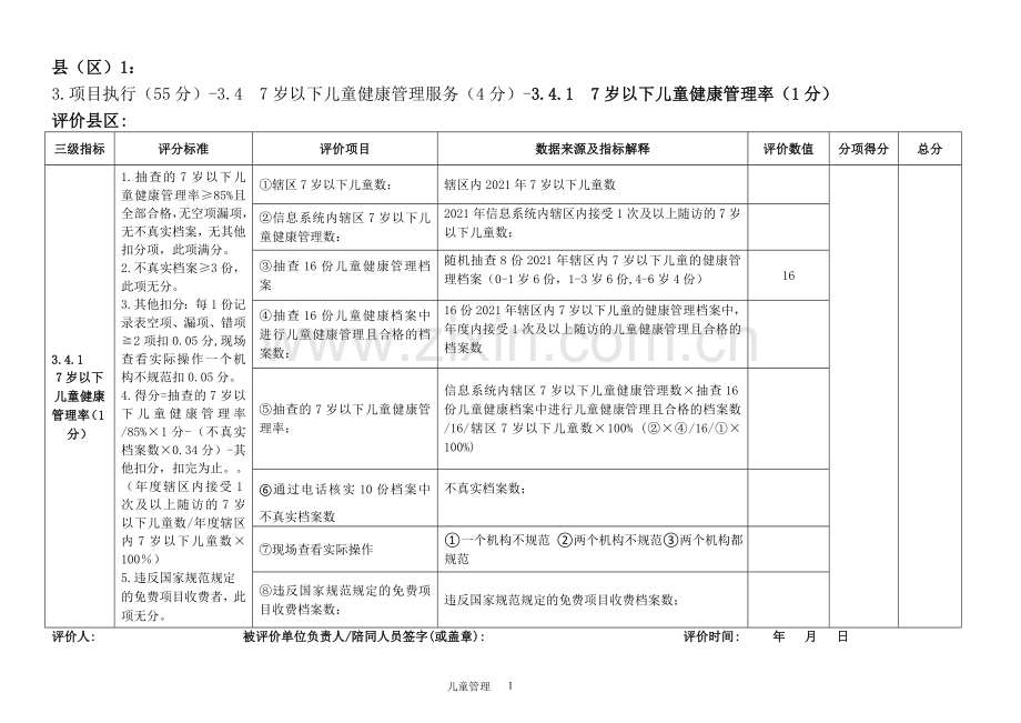 儿童健康管理服务落实情况考核评分表.doc_第1页