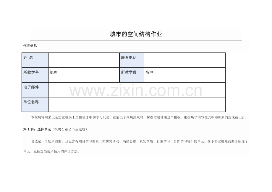 2013年远程培训intel未来教育项目地理模块一作业城市的空间结构作业.doc_第1页