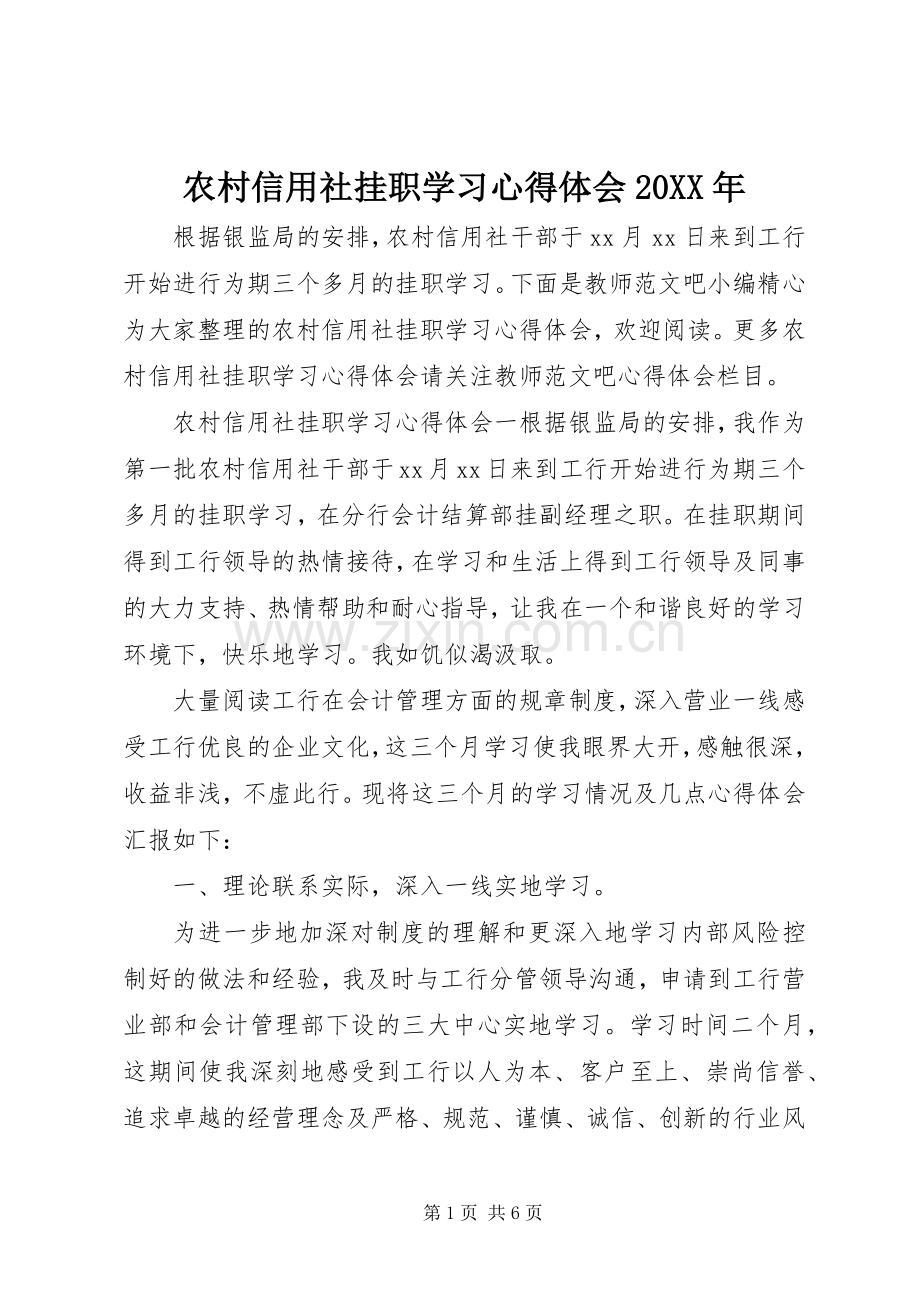 农村信用社挂职学习心得体会20XX年.docx_第1页