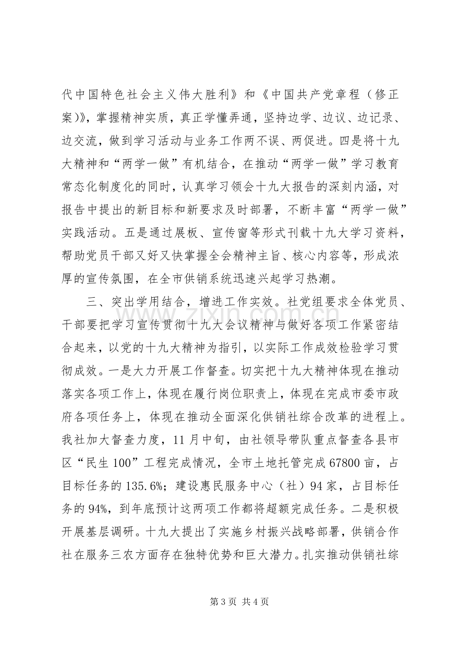 供销社贯彻落实十九大会议精神情况汇报讲话稿.docx_第3页