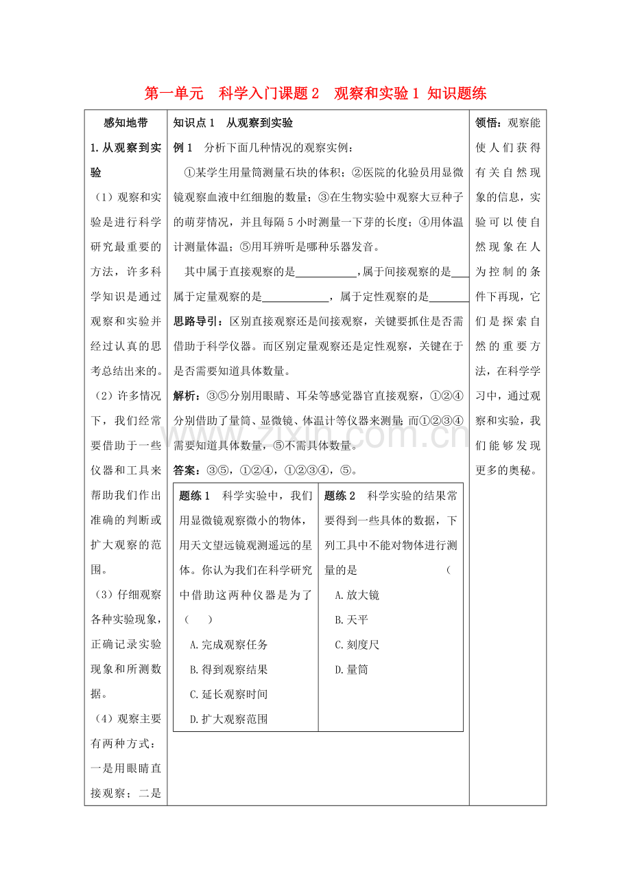 七年级科学上册《实验和观察》同步练习1-浙教版.doc_第1页