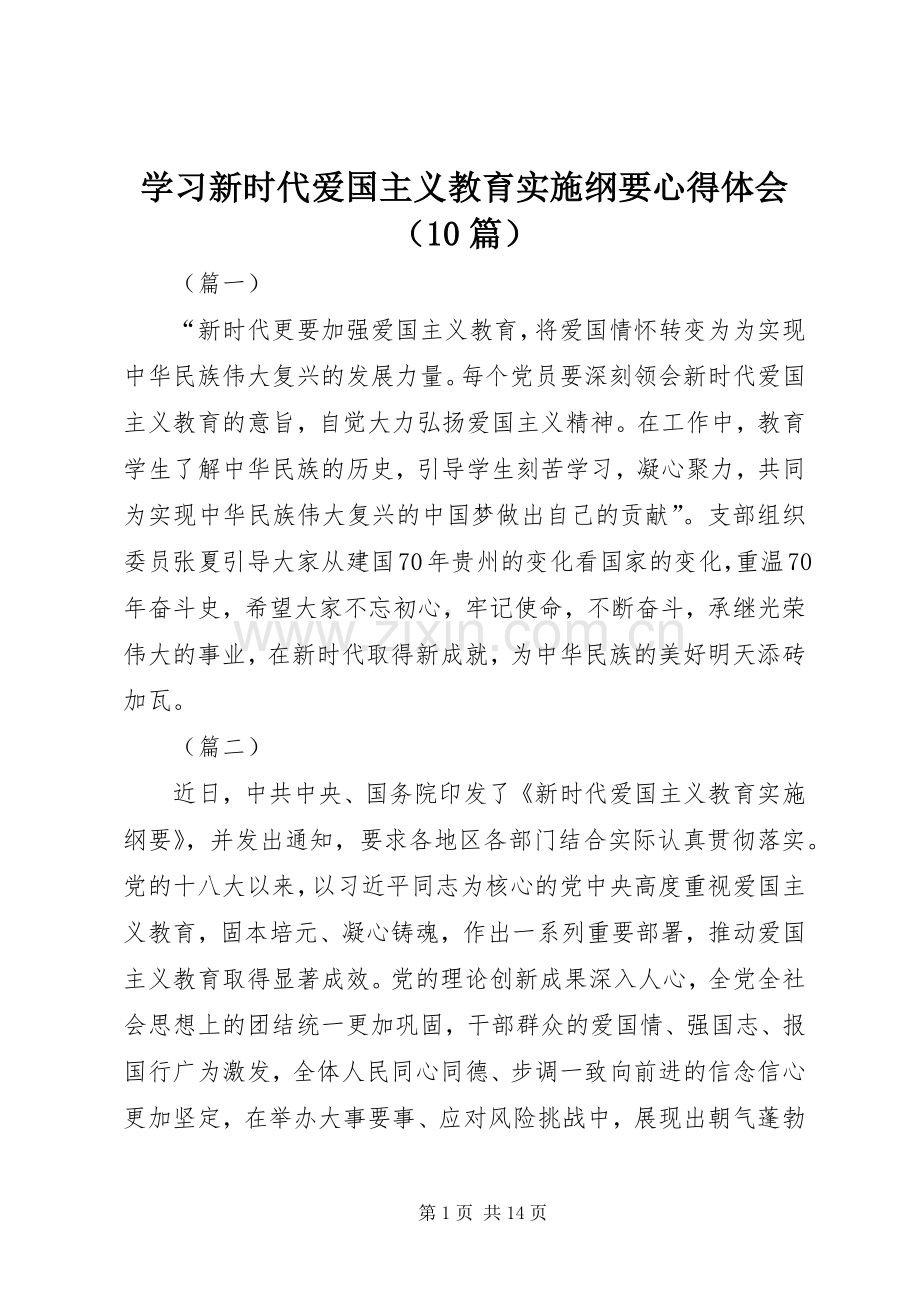 学习新时代爱国主义教育实施纲要心得体会（10篇）.docx_第1页