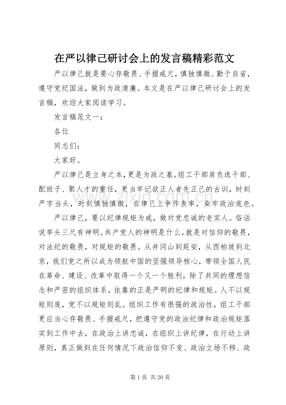 在严以律己研讨会上的发言稿精彩范文.docx_第1页