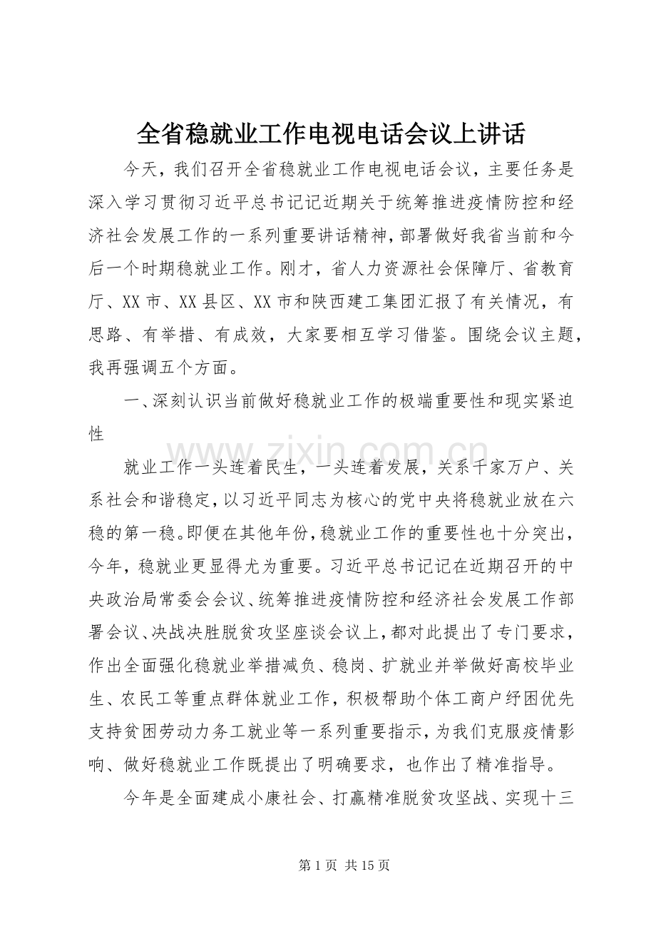 全省稳就业工作电视电话会议上讲话.docx_第1页