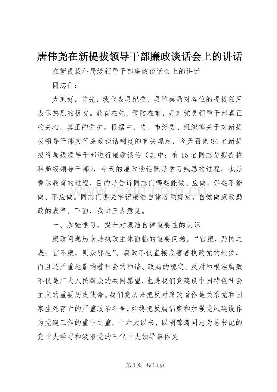 唐伟尧在新提拔领导干部廉政谈话会上的讲话.docx_第1页