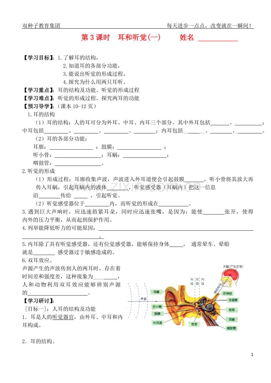 七年级科学下册 第一章讲学稿第3课时耳和听觉(一)教案 浙教版.doc_第1页