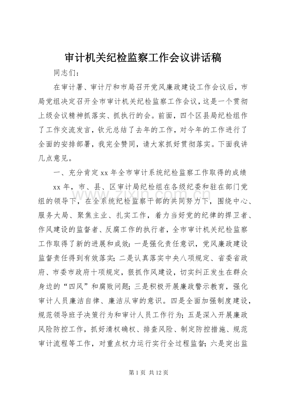 审计机关纪检监察工作会议讲话稿.docx_第1页