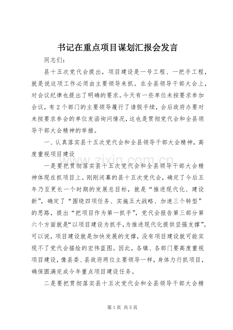 书记在重点项目谋划汇报会发言.docx_第1页