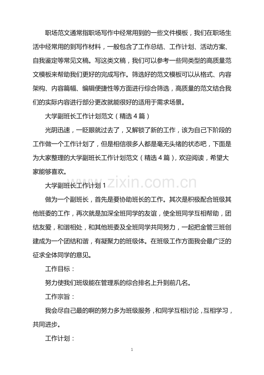 2022年大学副班长工作计划.doc_第1页