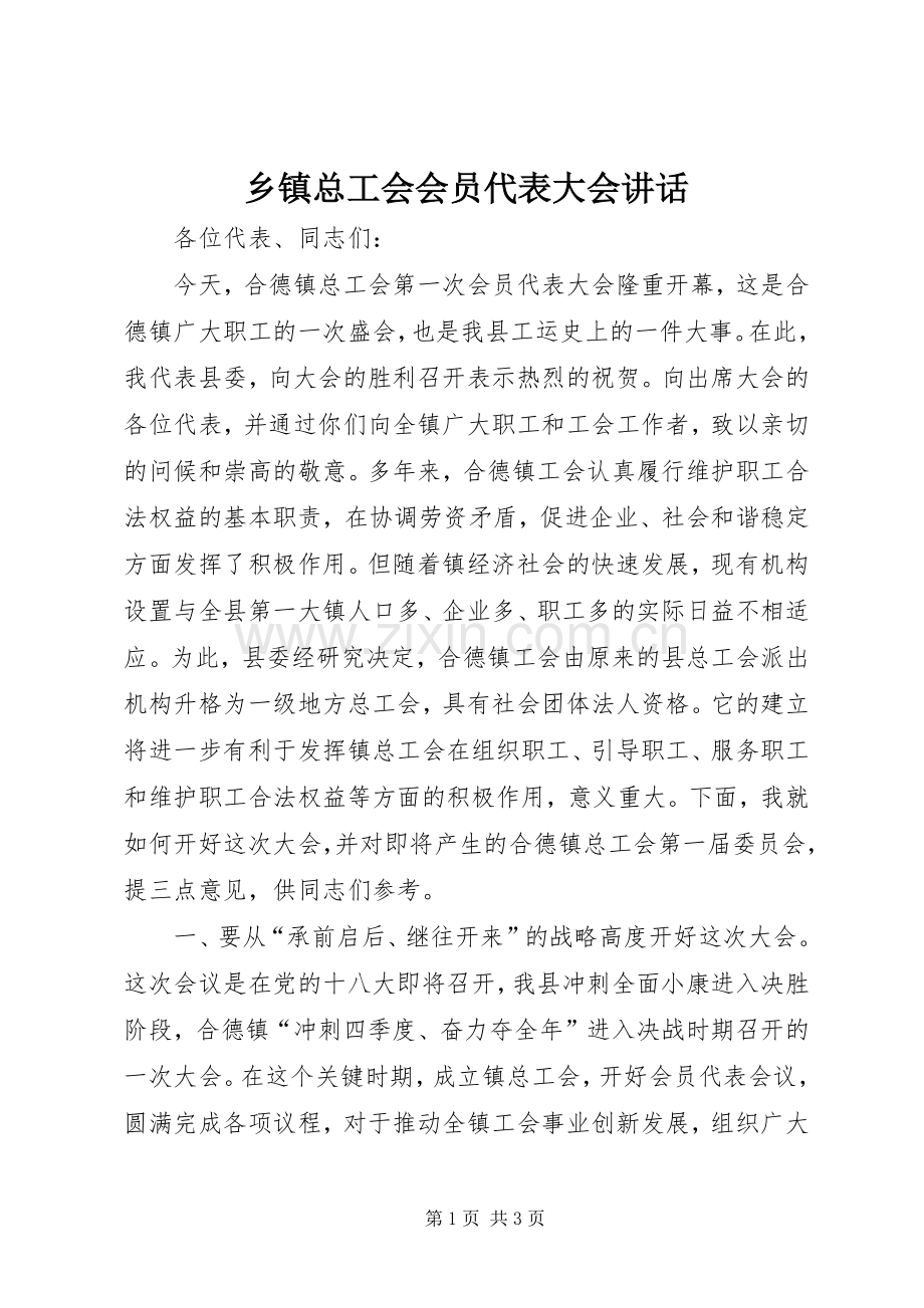 乡镇总工会会员代表大会讲话.docx_第1页