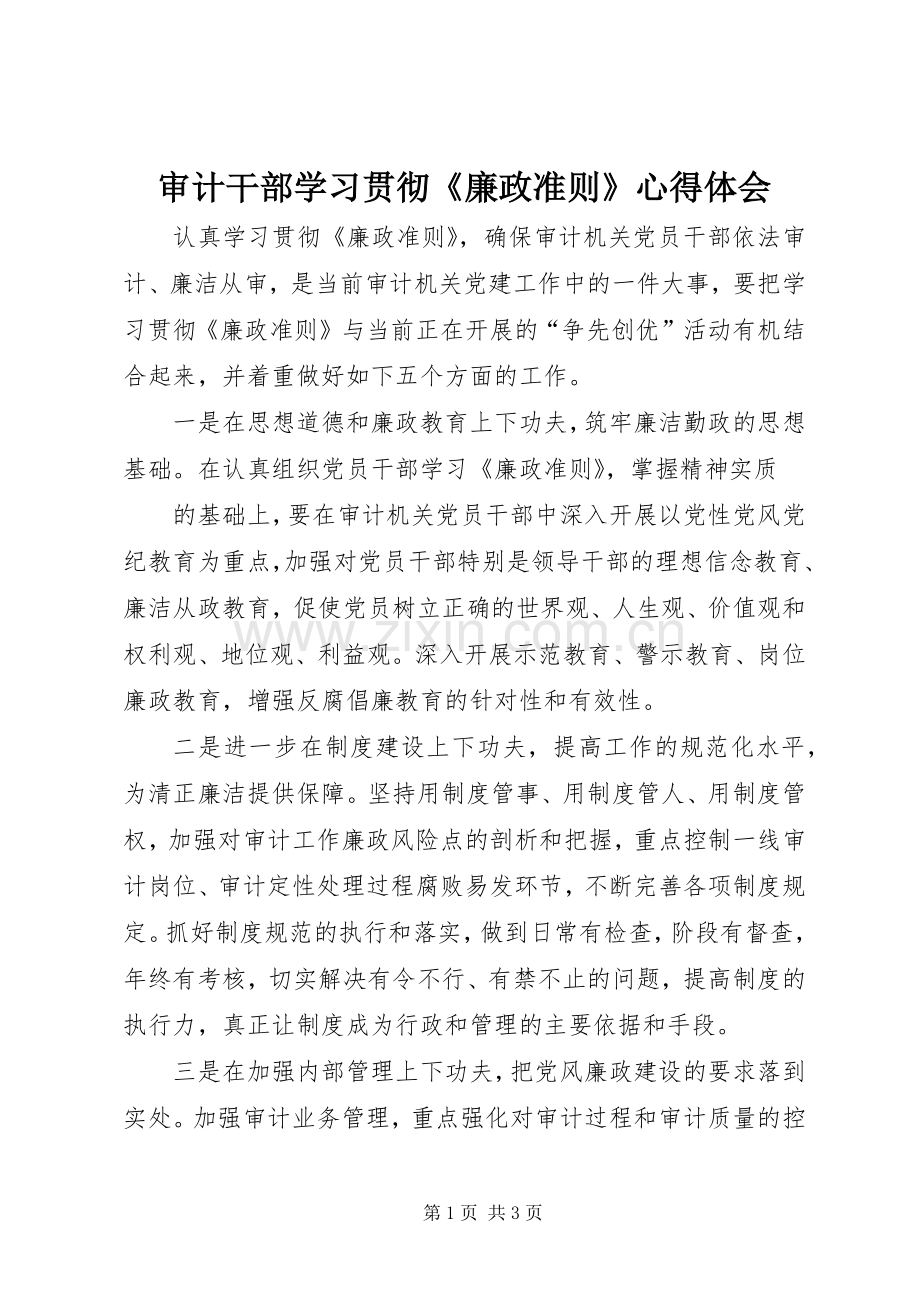 审计干部学习贯彻《廉政准则》心得体会.docx_第1页