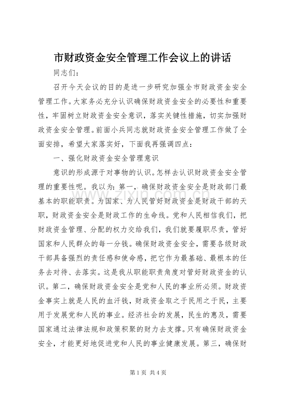 市财政资金安全管理工作会议上的讲话.docx_第1页