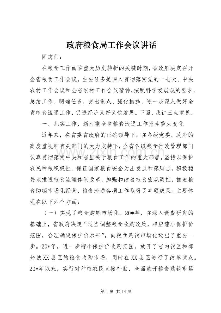 政府粮食局工作会议讲话.docx_第1页