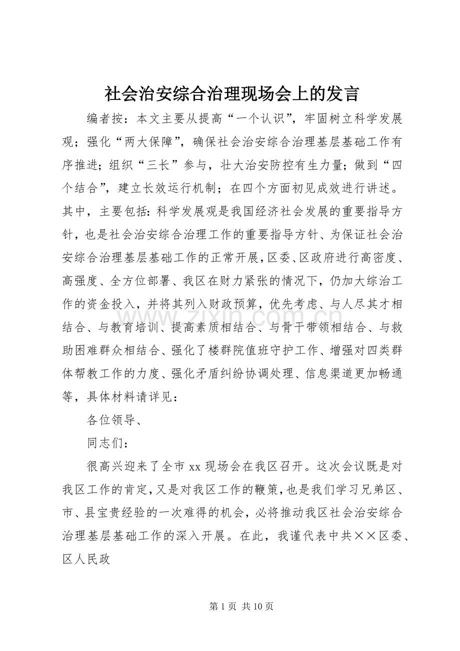 社会治安综合治理现场会上的发言.docx_第1页