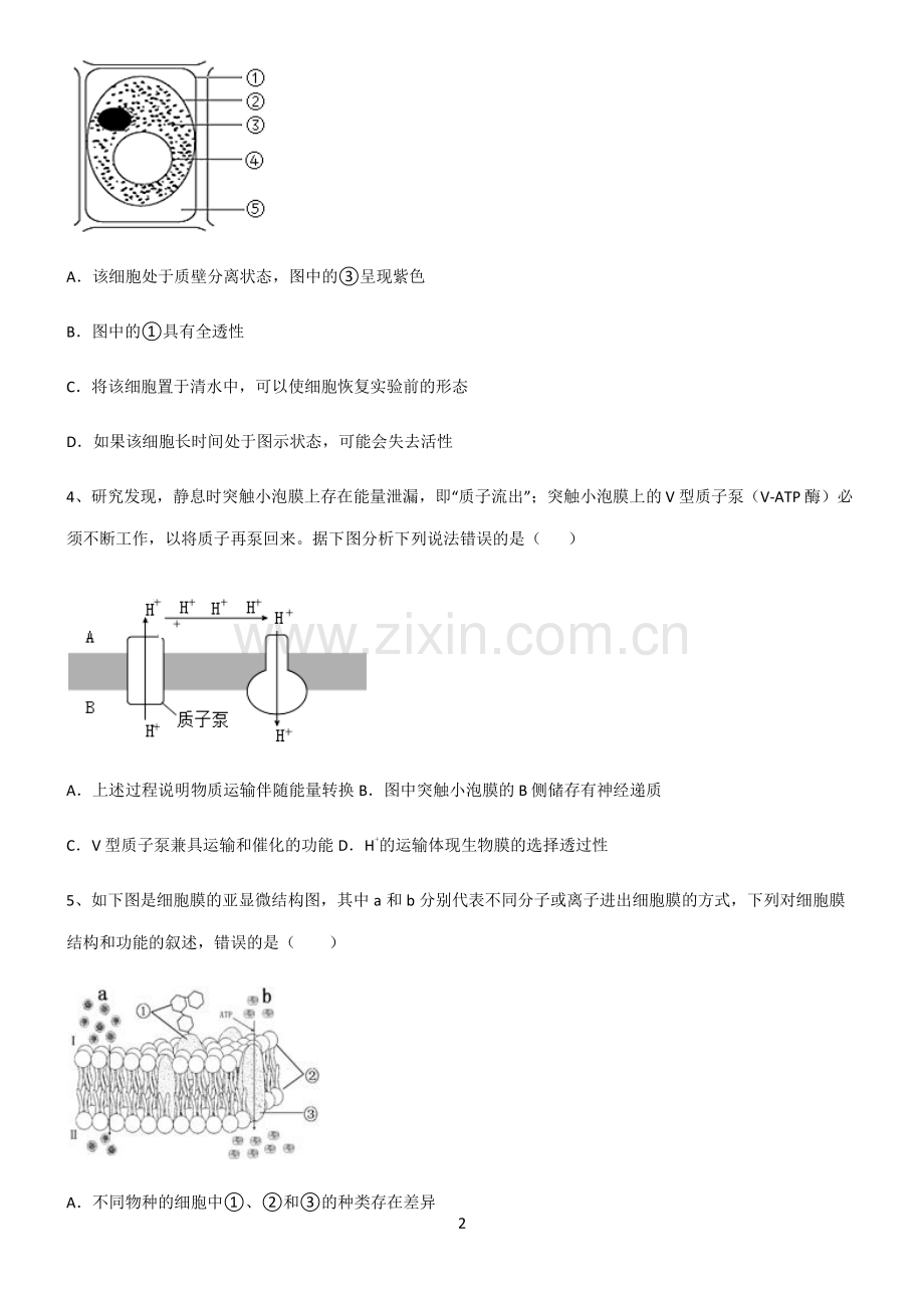 (文末附答案)人教版2022年高中生物第四章细胞的物质输入和输出笔记重点大全.pdf_第2页