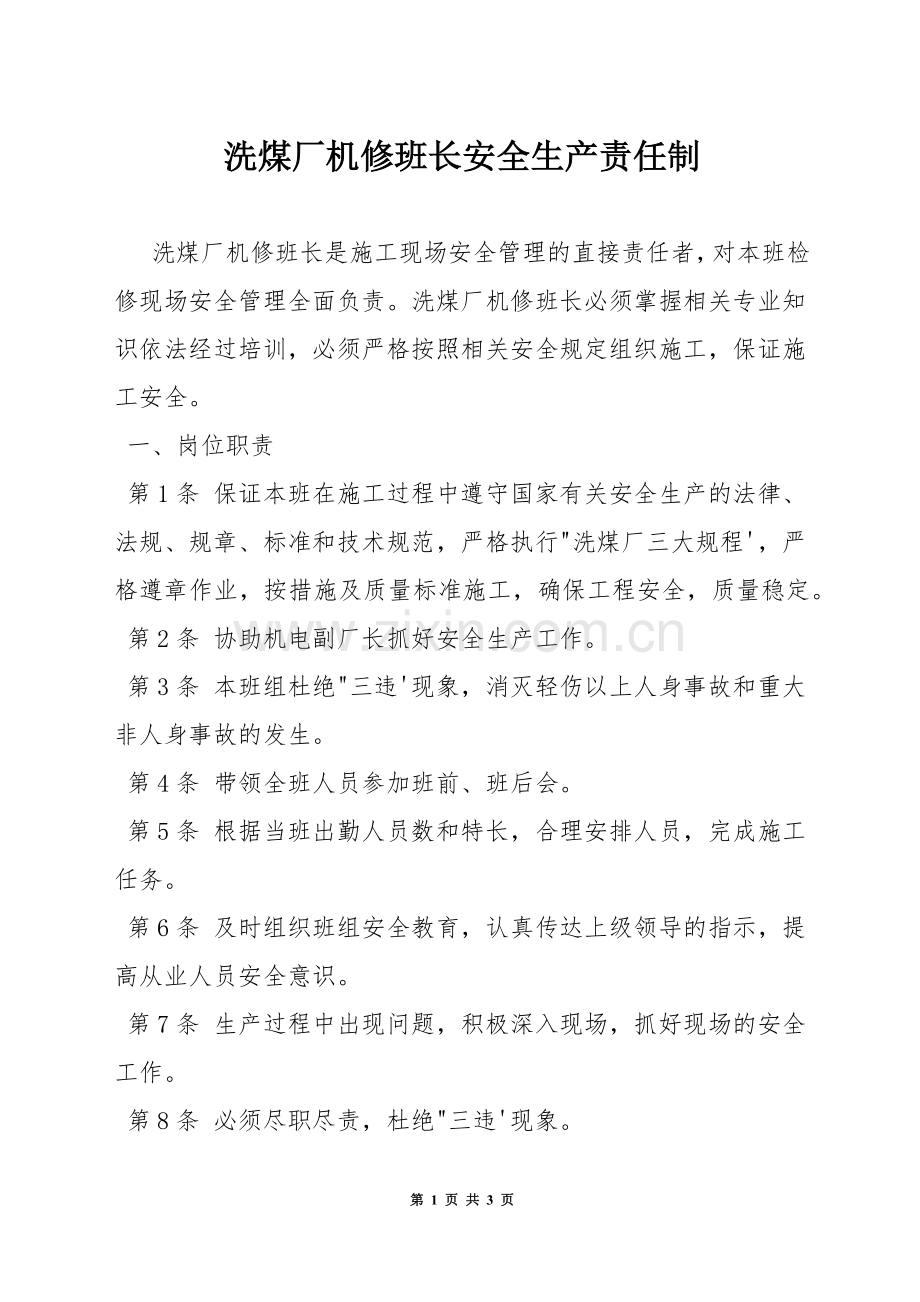 洗煤厂机修班长安全生产责任制.docx_第1页