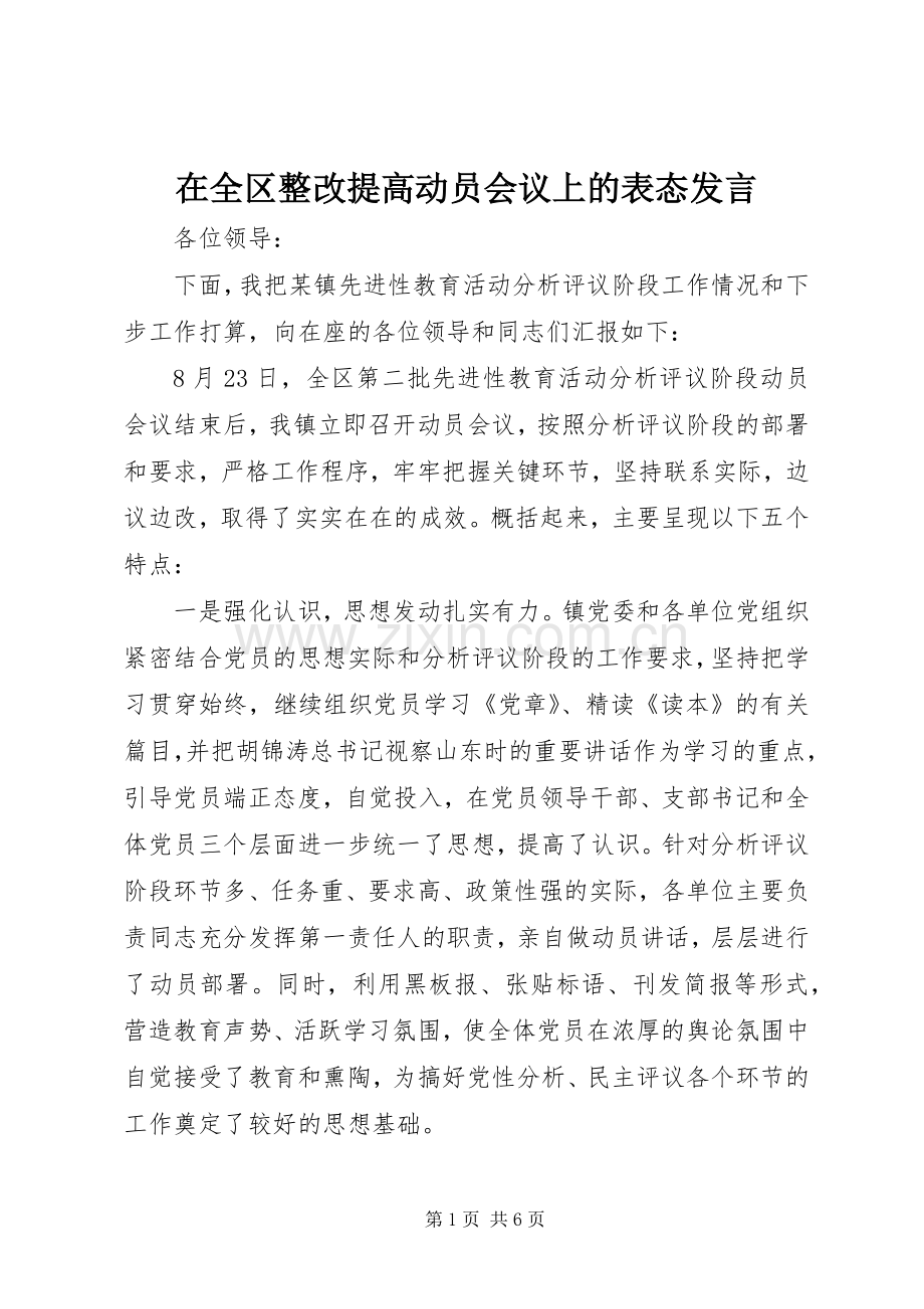 在全区整改提高动员会议上的表态发言.docx_第1页