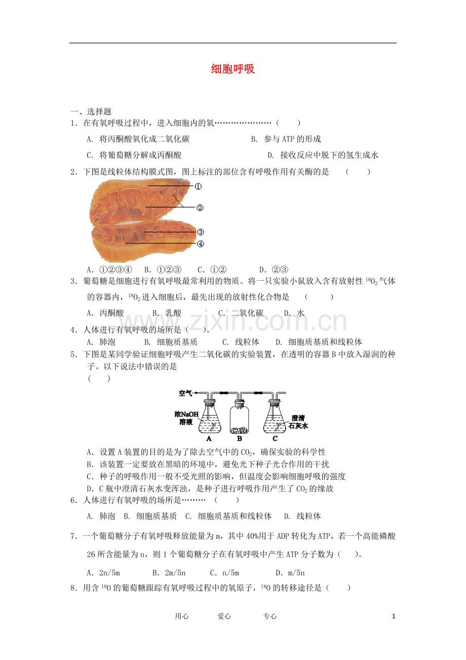 2012高一生物-3.4细胞呼吸6每课一练-浙科版必修1.doc_第1页