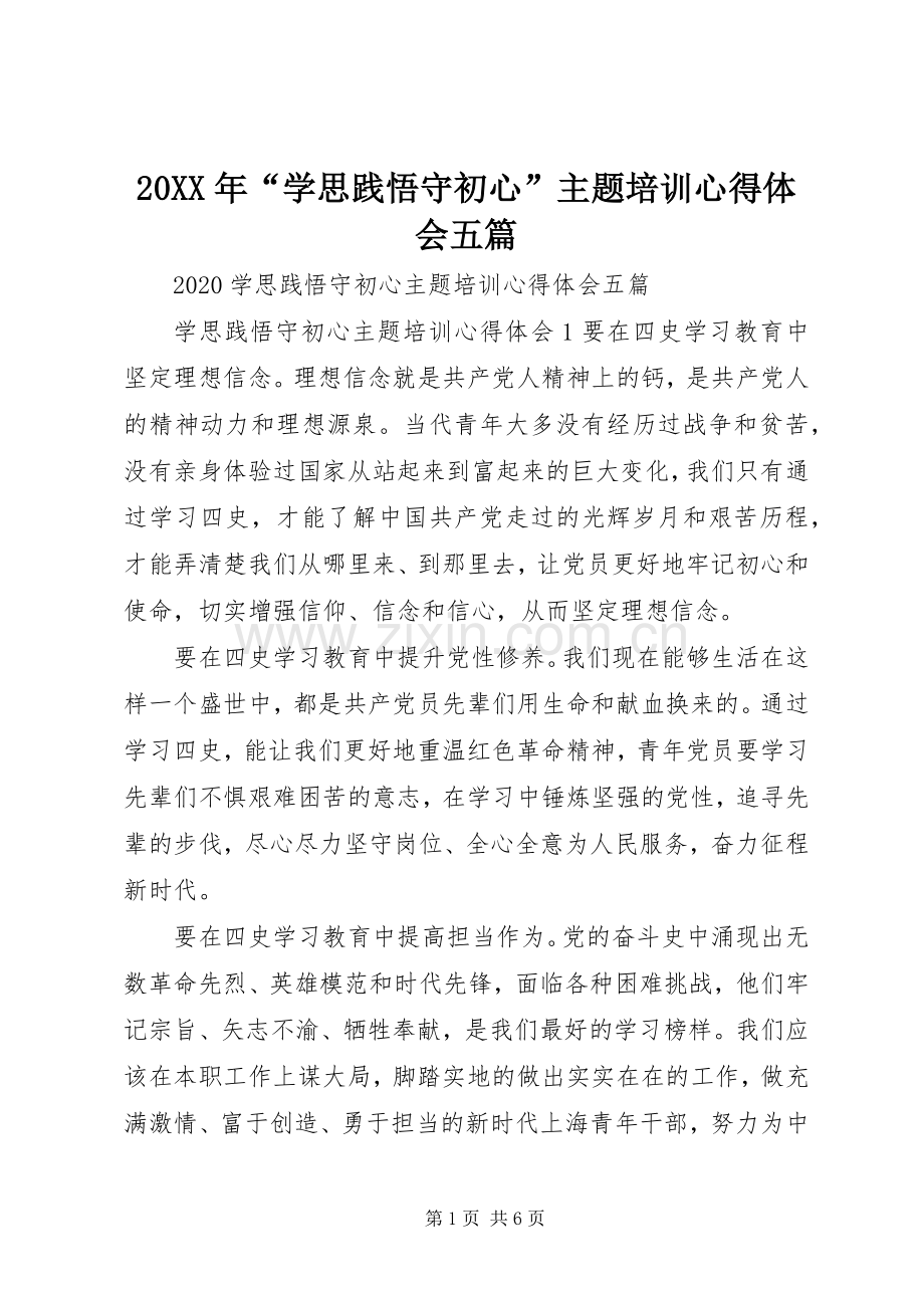 20XX年“学思践悟守初心”主题培训心得体会五篇.docx_第1页