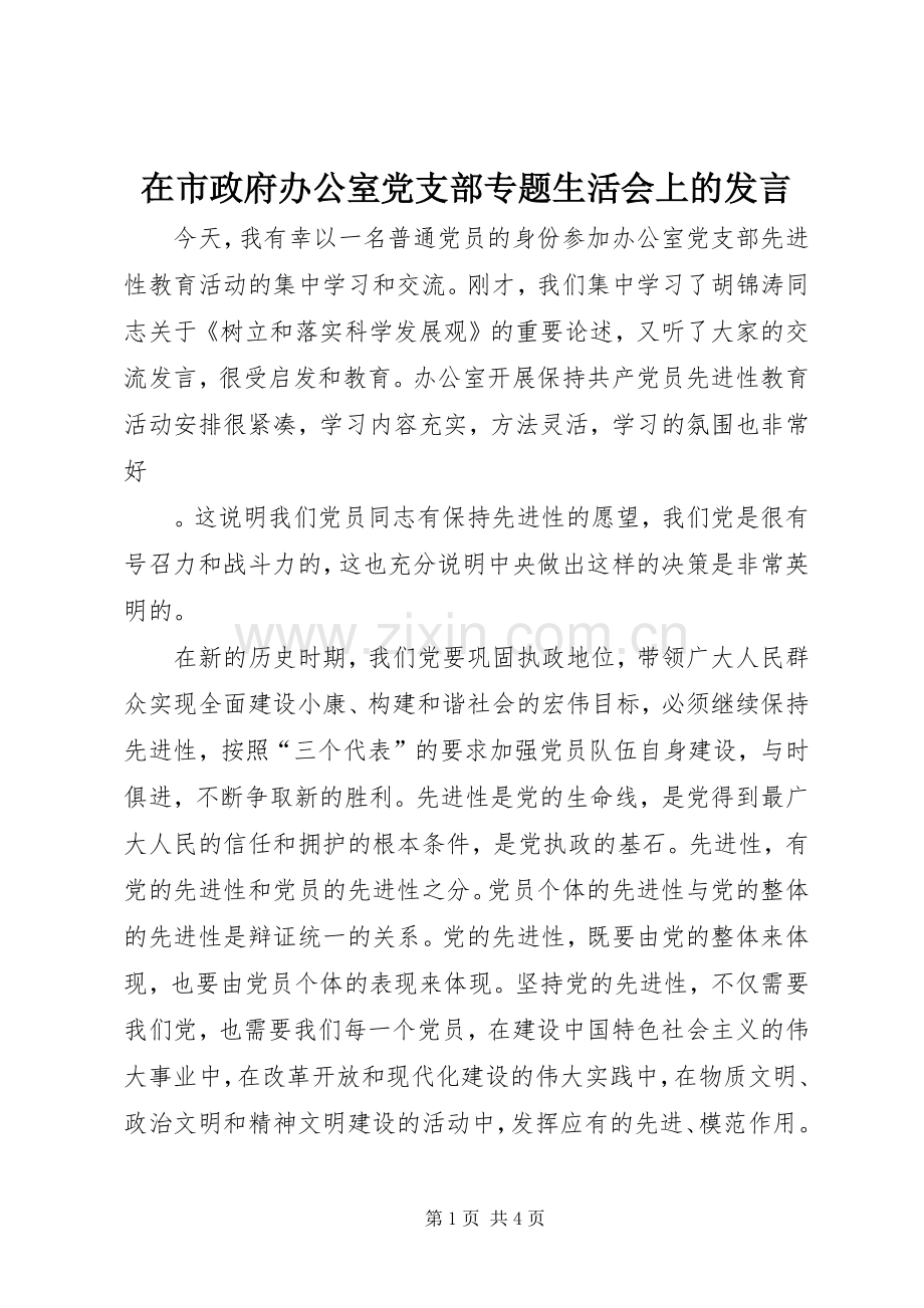 在市政府办公室党支部专题生活会上的发言.docx_第1页