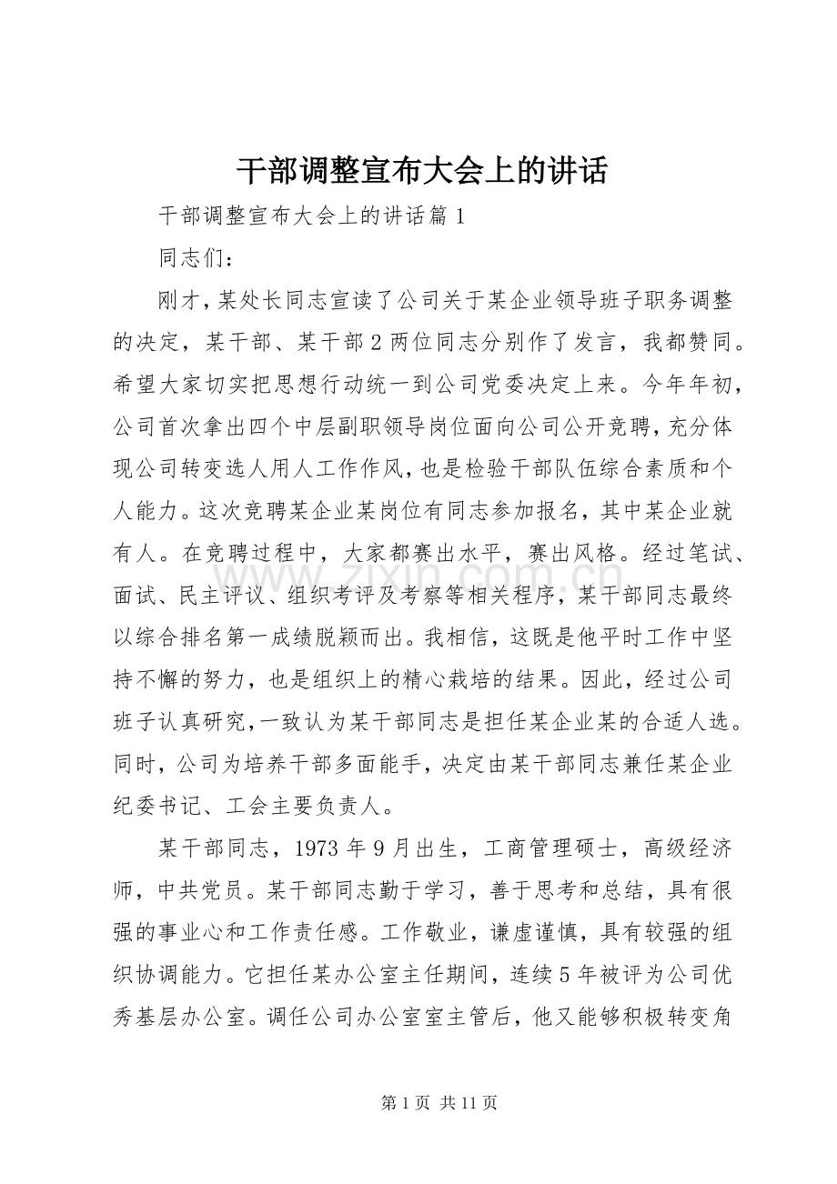 干部调整宣布大会上的讲话.docx_第1页