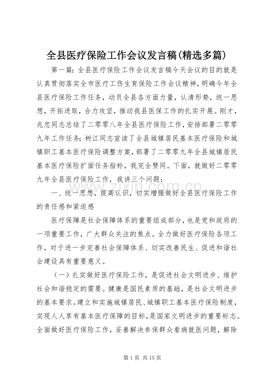 全县医疗保险工作会议发言稿(多篇).docx_第1页