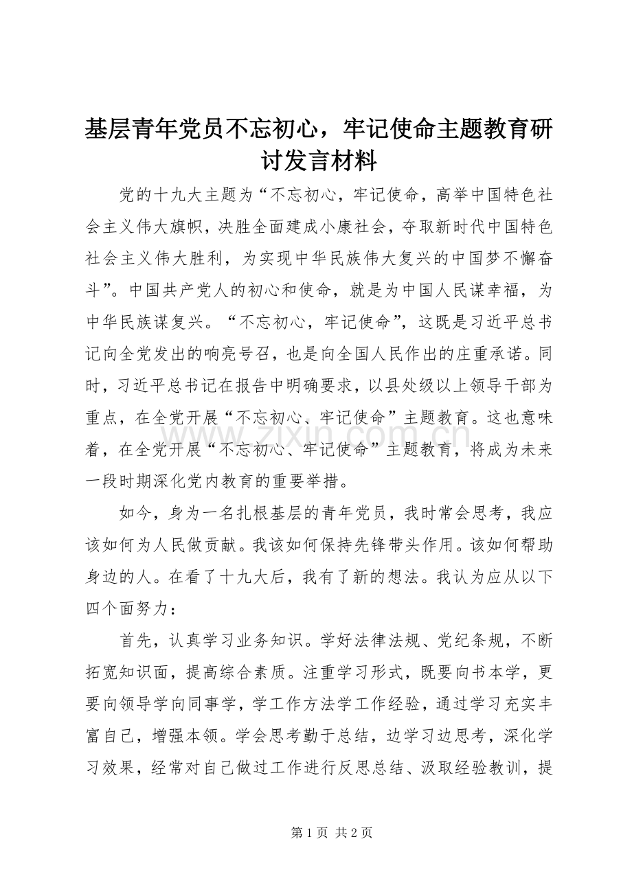 基层青年党员不忘初心牢记使命主题教育研讨发言材料.docx_第1页