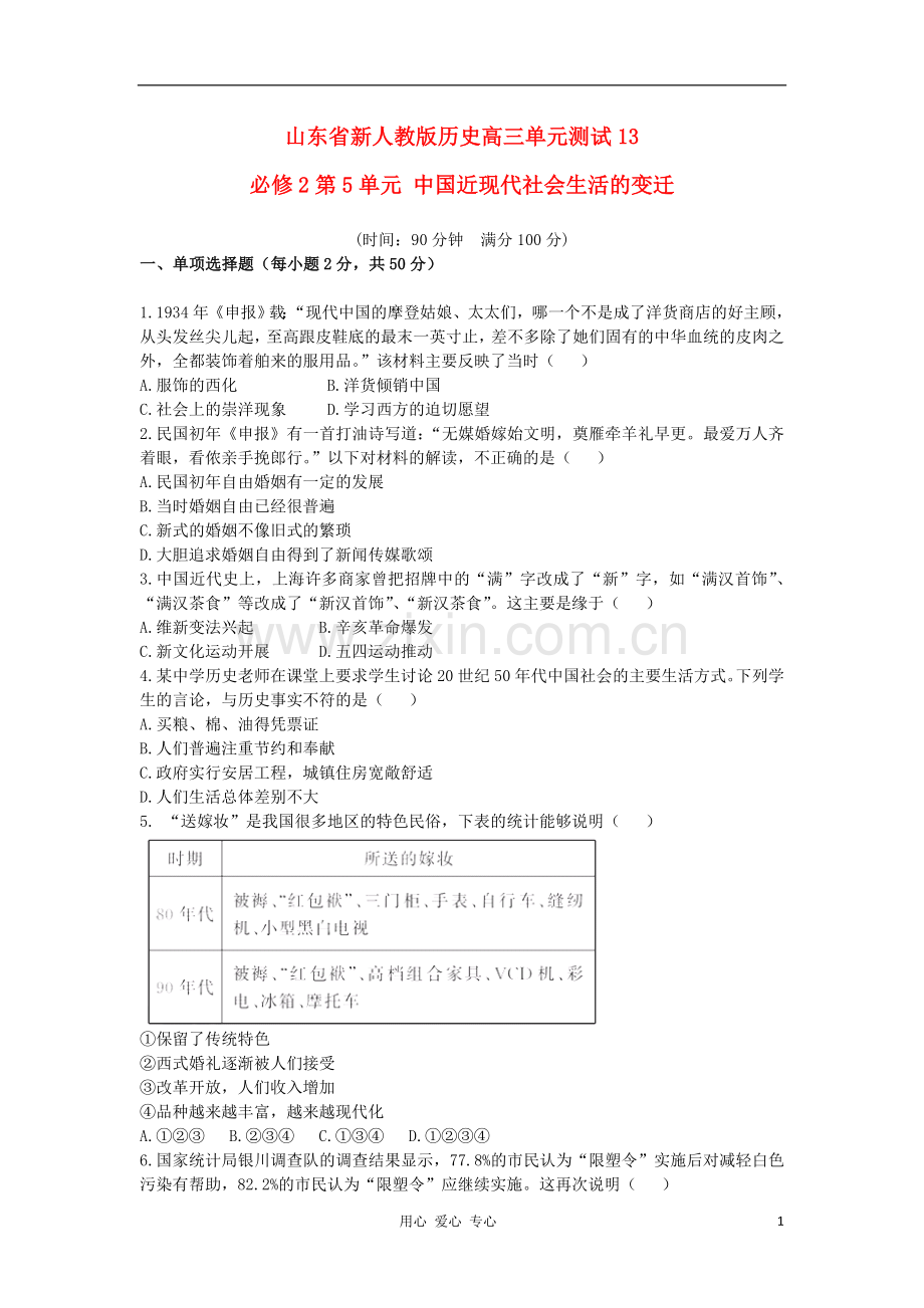 山东省高考历史单元测试13-第5单元-中国近现代社会生活的变迁-新人教版必修2.doc_第1页