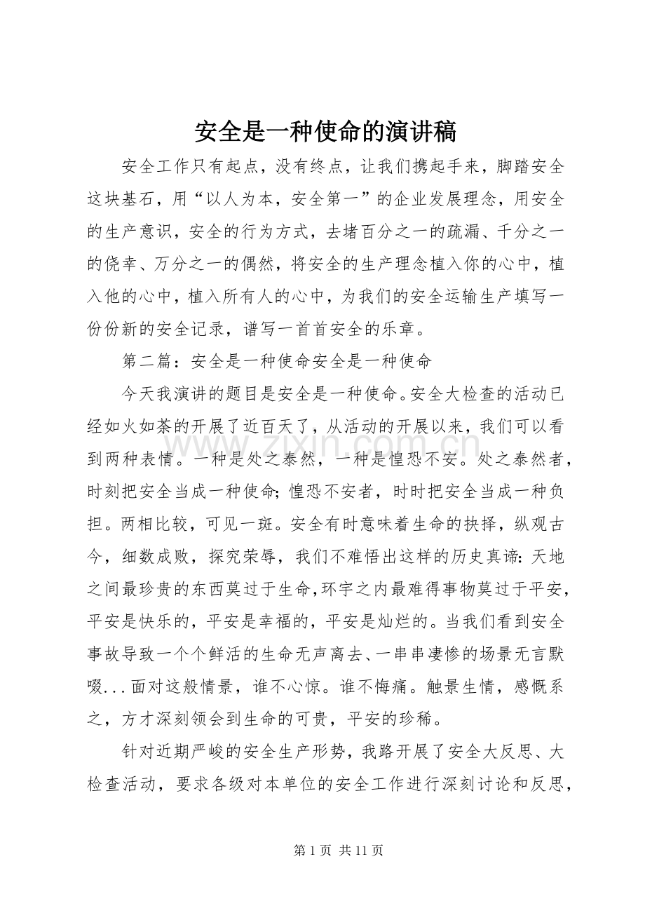 安全是一种使命的演讲稿.docx_第1页